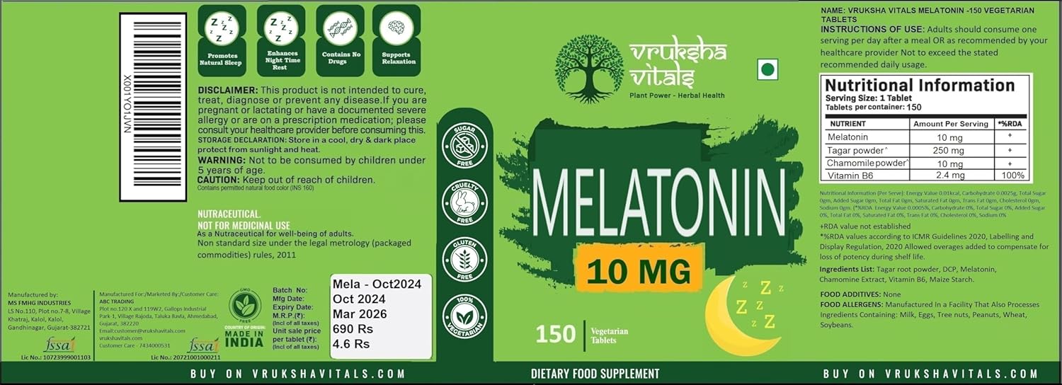 Melatonin supplement label with green background and nutritional information.