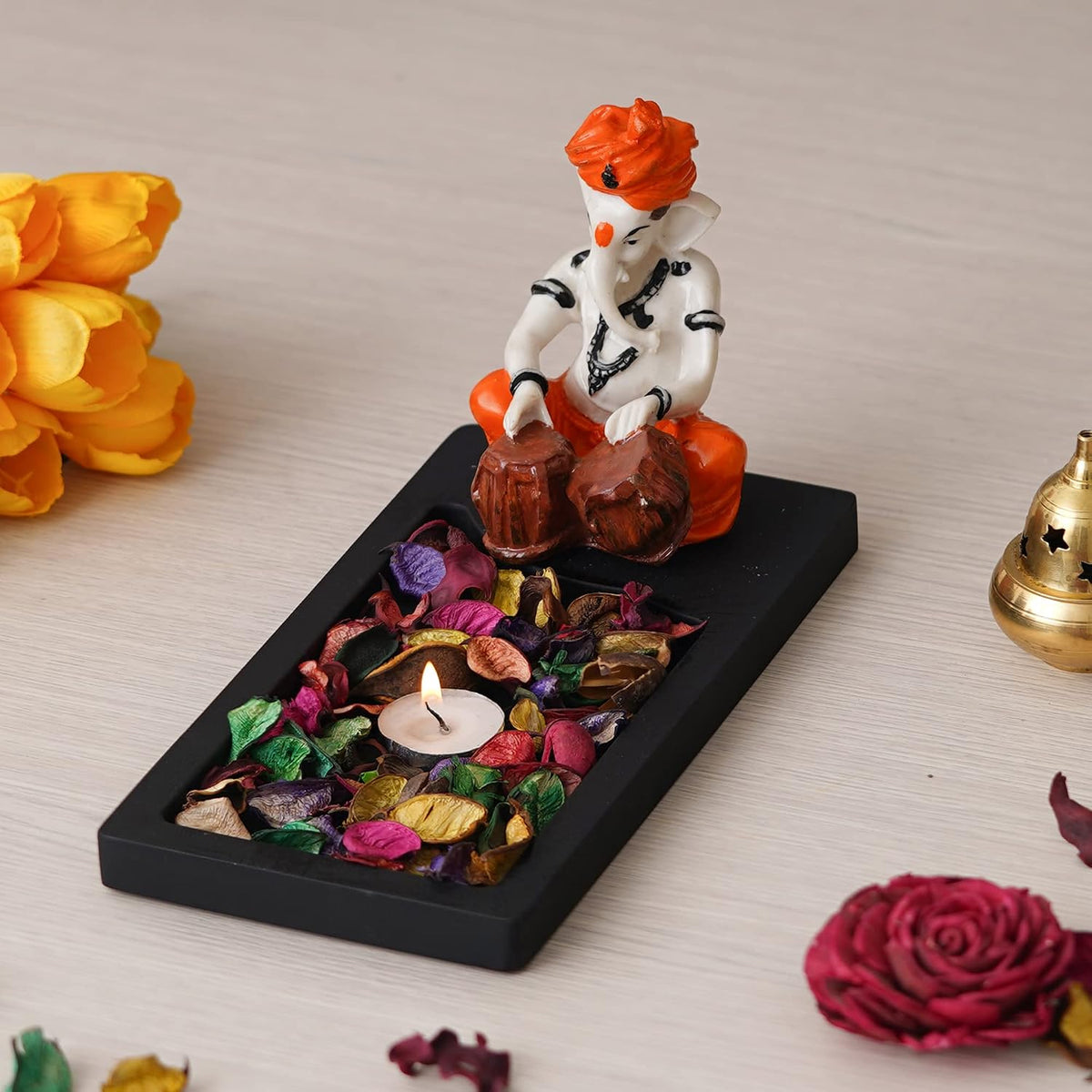 Orange White Resin Lord Ganesha Statue Playing Tabla Showpiece Potpourri Rectangle Tea Light Candle Holder|Ganpati Murti Tea Light Holder Diwali Decoration Items for Home Decor|Diwali Gift