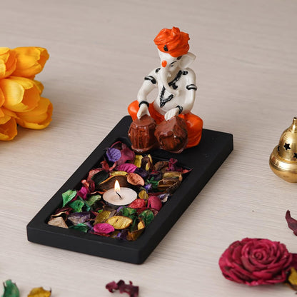 Orange White Resin Lord Ganesha Statue Playing Tabla Showpiece Potpourri Rectangle Tea Light Candle Holder|Ganpati Murti Tea Light Holder Diwali Decoration Items for Home Decor|Diwali Gift