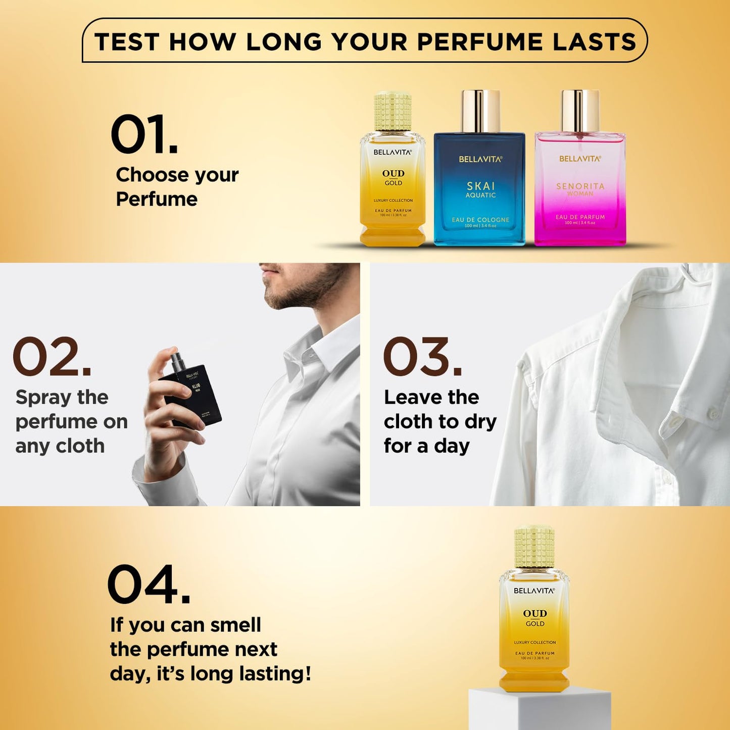 Perfume test guide with Bellamont Oud, Skaï, and Senorita fragrances on a beige background.