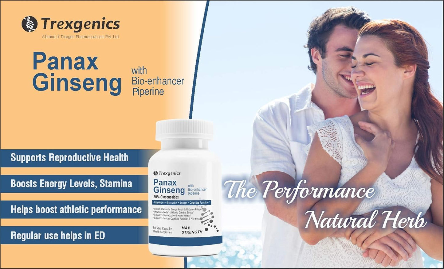 Advertisement for Trexgenics Panax Ginseng with a couple embracing in the background.