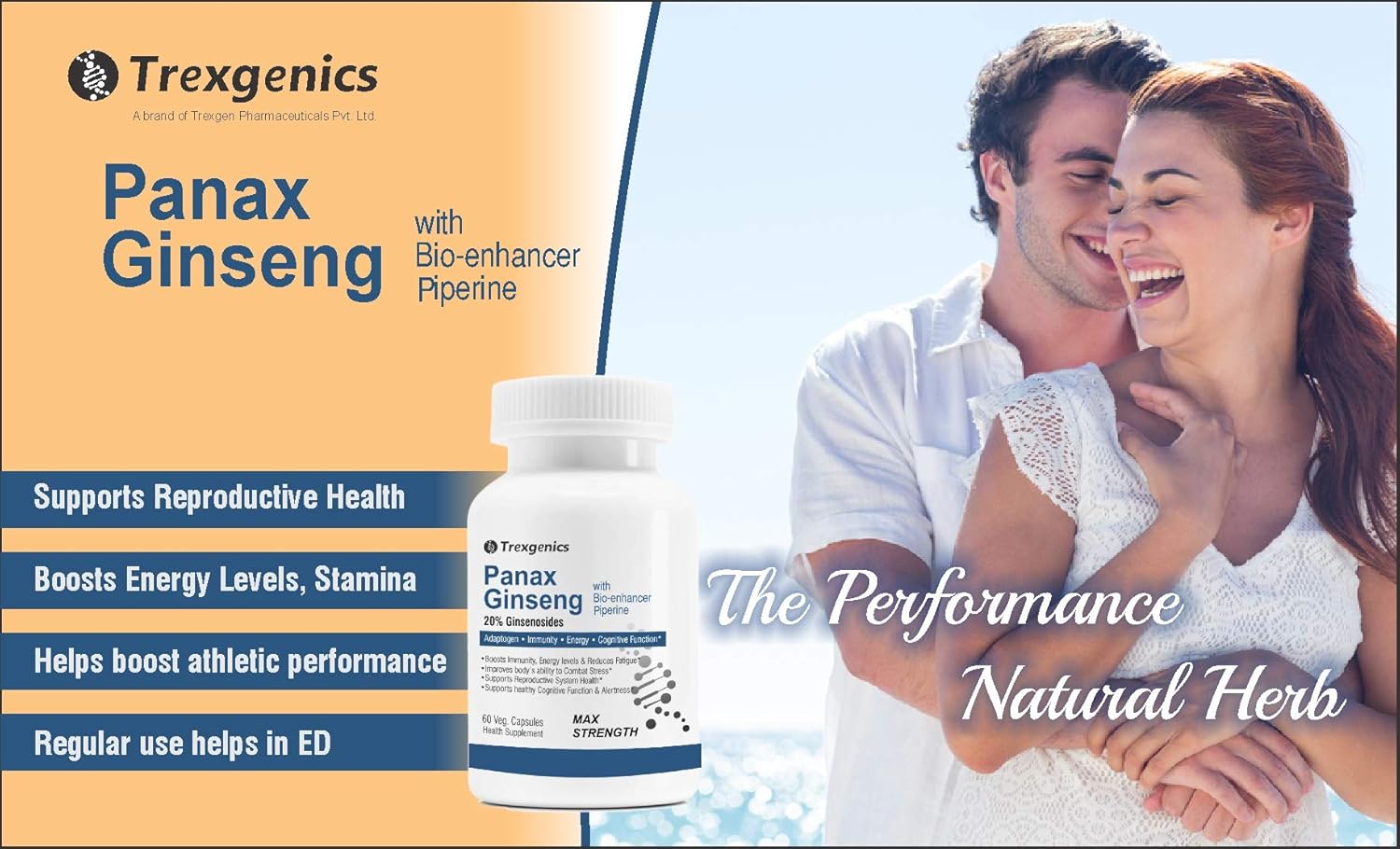 Advertisement for Trexgenics Panax Ginseng with a couple embracing in the background.
