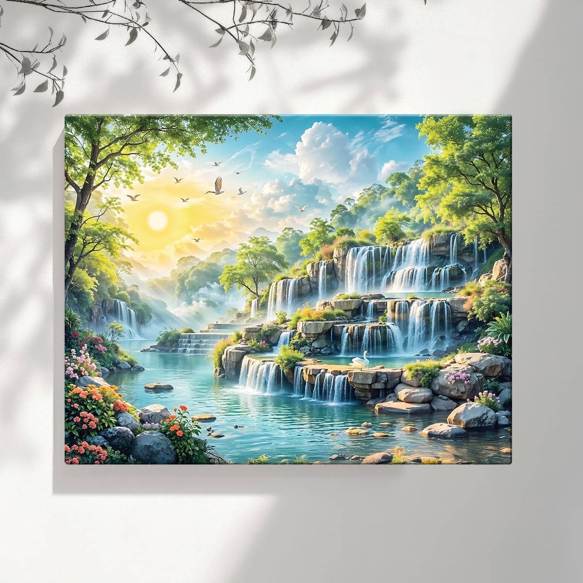 Canvas Step Waterfall Painting Vastu, Big Size Scenery, Water Stream, Mountain Painting Vastu Water Fall, Multicolor, Nature, 58.0 X 45.0 cm, Set of 1