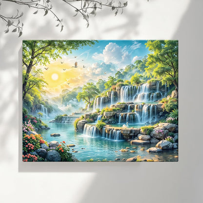 Canvas Step Waterfall Painting Vastu, Big Size Scenery, Water Stream, Mountain Painting Vastu Water Fall, Multicolor, Nature, 58.0 X 45.0 cm, Set of 1