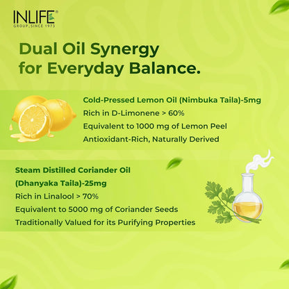 INLIFE Natural Lemon Coriander Oil Capsules | Kidney Support Supplement | Detox Renal Care, Digestion & Immune Health - 60 Liquid Filled Vegetarian Capsules