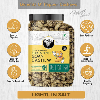 Forest Found Tellicherry Pepper Roasted Cashews (400g) | 100% Oil-Free & Dry Roasted | Jumbo Premium Kaju Nuts | Low Sodium Gourmet Healthy Snack | Black Pepper Seasoned Roasted Cashews