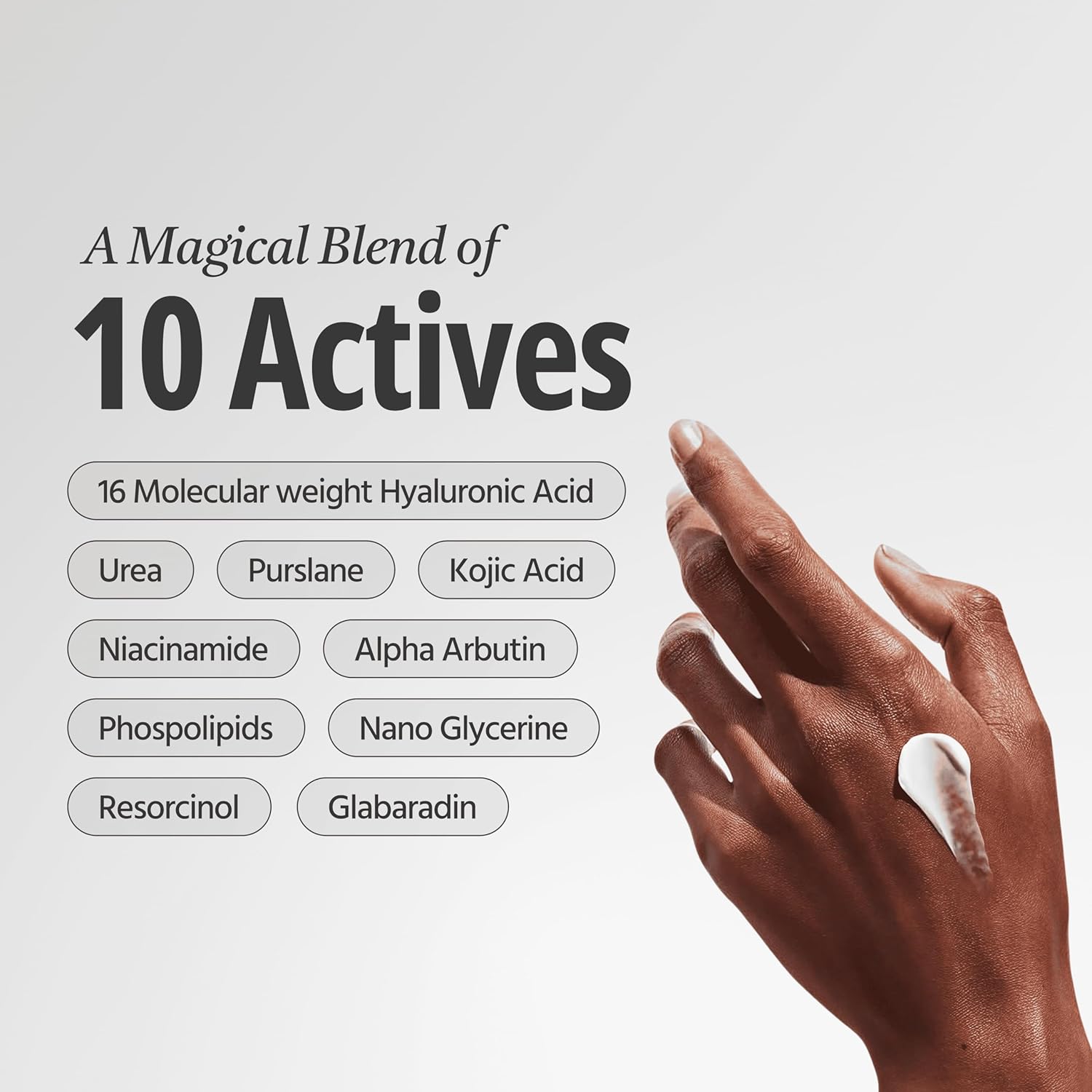 Hand applying cream with a list of '10 Actives' on a light gray background
