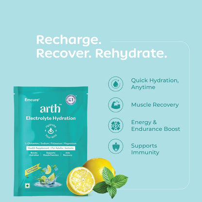 Arth Electrolyte Powder for Quick & Daily Hydration | With L-Glutamine, Potassium & Magnesium | Low Sodium Hydration Drink | Supports Muscle Recovery & Immunity | Lemon Iced Tea Flavour | 20 Sachets