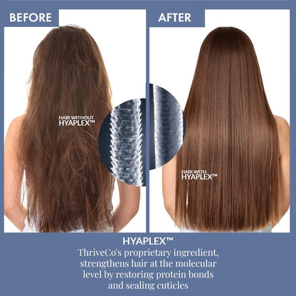 Before and after comparison of hair with Hyaplex treatment showing improved health and length.