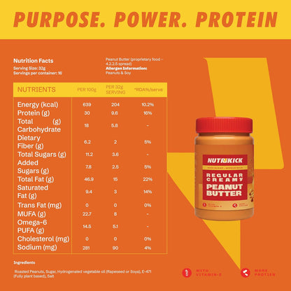 NUTRIKICK Regular Creamy Peanut Butter | High Protein Nut Spread with Vitamin E | Made with Roasted Peanuts | Healthy Breakfast Food for Gym, Kids & Weight Management
