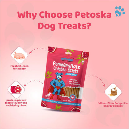 Petoska Chicken & Pomegranate Dog Treats – 100g Natural Chewy Sticks for Dogs, Immune Support, Cleaner Breath, Perfect Training Snack, All-Natural Chicken Jerky for Puppies & Adult Dogs