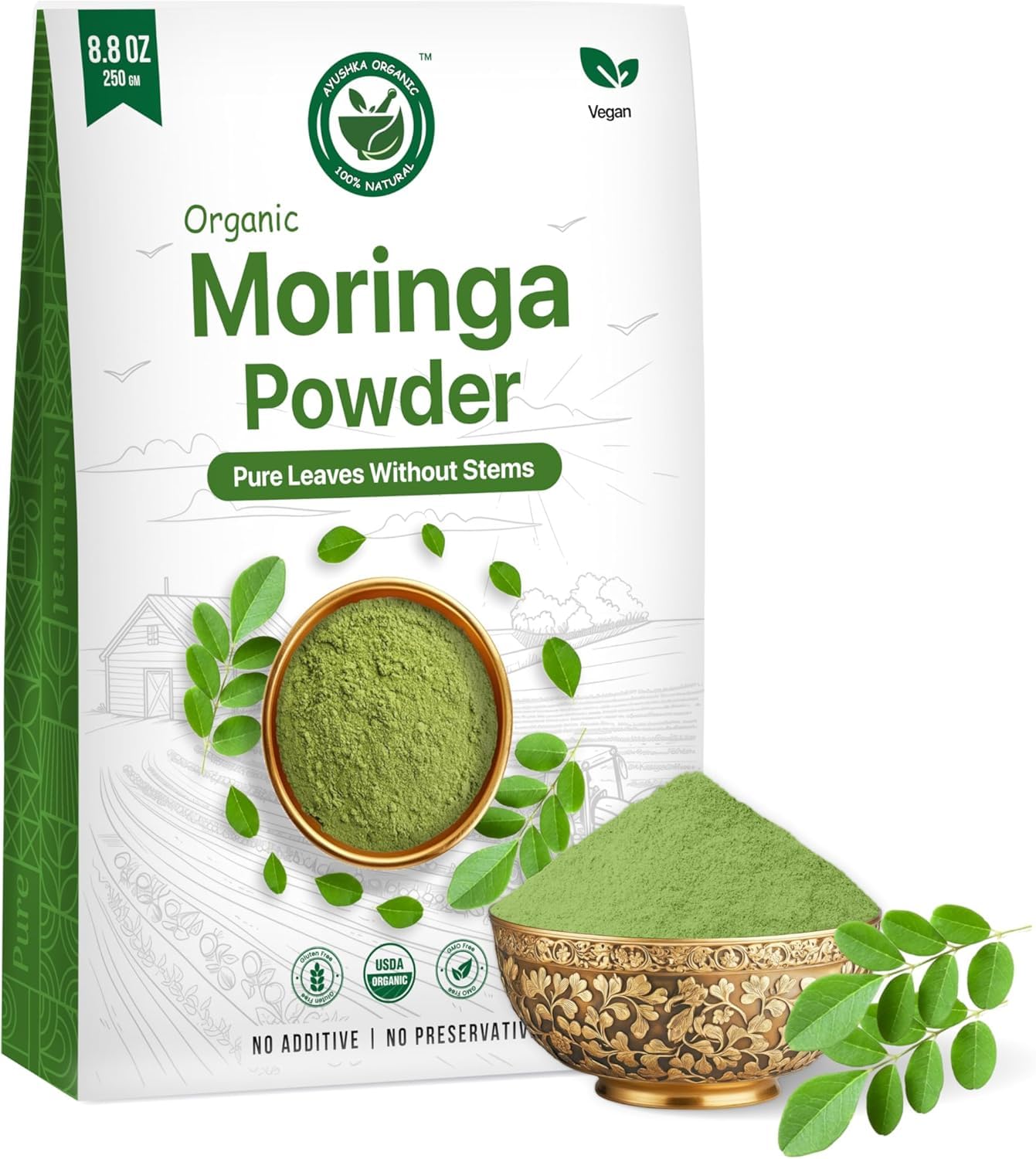 Moringa Powder 250g | USDA Organic Certified Drumstick Leaves Powder | 100% Pure & Fresh Moringa Leaf Powder | Rich in Vitamins, Minerals & Antioxidants | Natural Superfood for Energy, Stamina & Vitality | Non-GMO & No Preservatives AYUSHKA ORGANIC