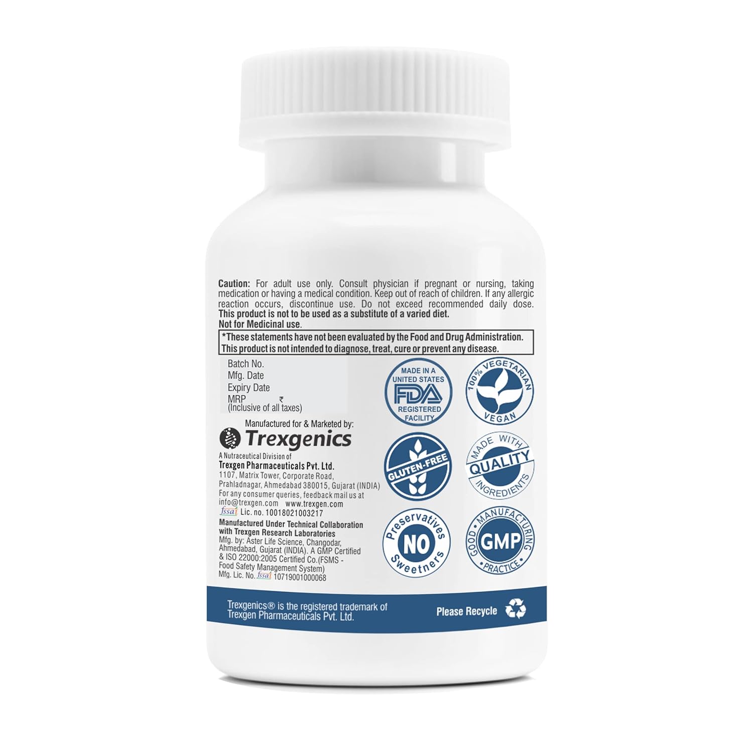 White supplement bottle with blue labels and text on a white background
