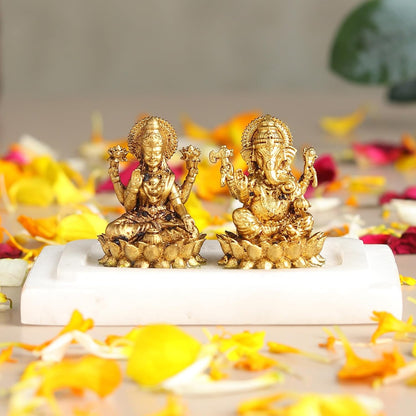 Brass Lakshmi Ganesh Idol Set on Marble Base | Laxmi Ganesh Murti for Pooja, Home Temple & Mandir | Hindu God Brass Statue (Design 01: L8 x W5 x H4 cm)