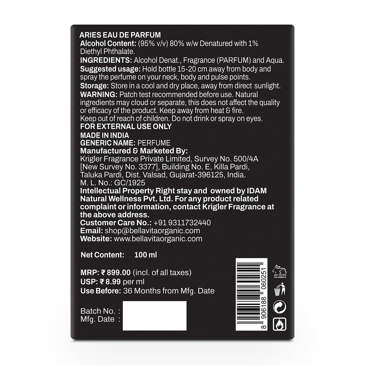 Back label of a Leo Eau de Parfum bottle with text and product details.