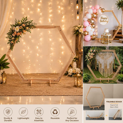 SATYAM KRAFT 1 Piece Foldable Hexagon Shape Wooden Makhar Mandap | Wooden Pooja Backdrop Stand for DIY Pandal & Temple | Ganpati Decoration Setup for Ganesh Chaturthi & Idol Pooja Decor, Festival