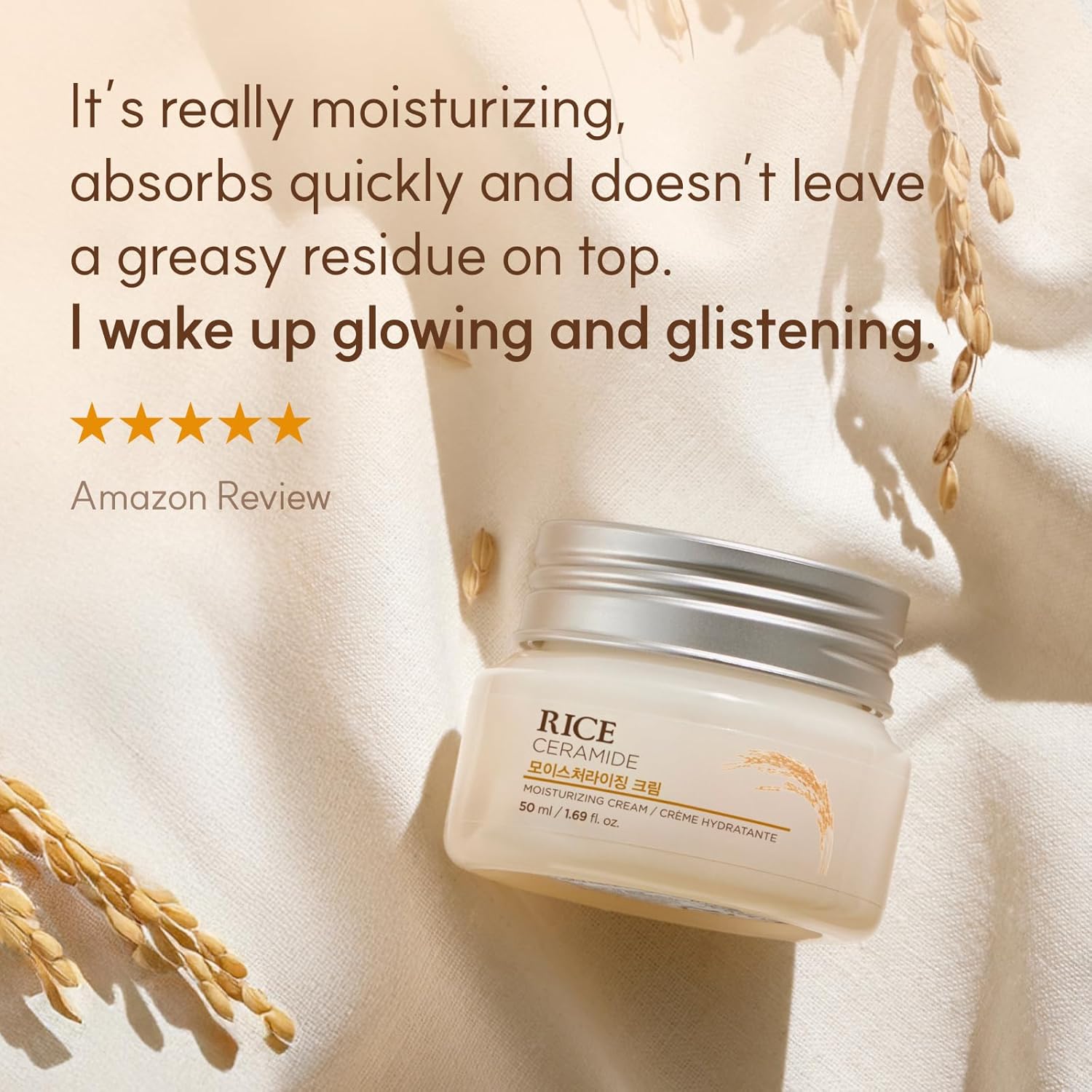 Jar of Rice Ceramide cream with text about its moisturizing properties on a soft background.