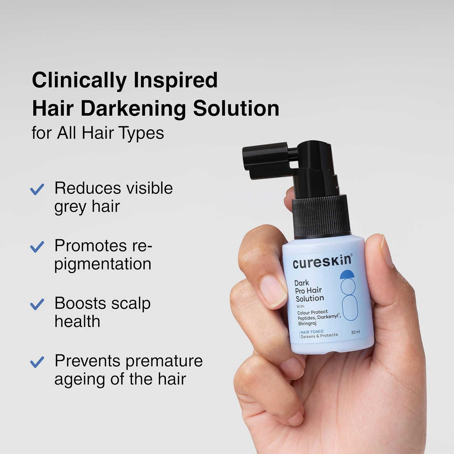 Cureskin Anti Grey Hair Serum | Gradually Reduces Gray Hair on Head & Beard Without Dye | Restores Natural Hair Colour in 4 months with Peptide-52, Acetyl Tyrosine & Larix Extract (15 Days Supply)