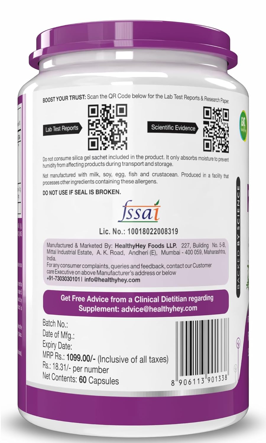 Back label of a supplement container with text and QR code on a white background