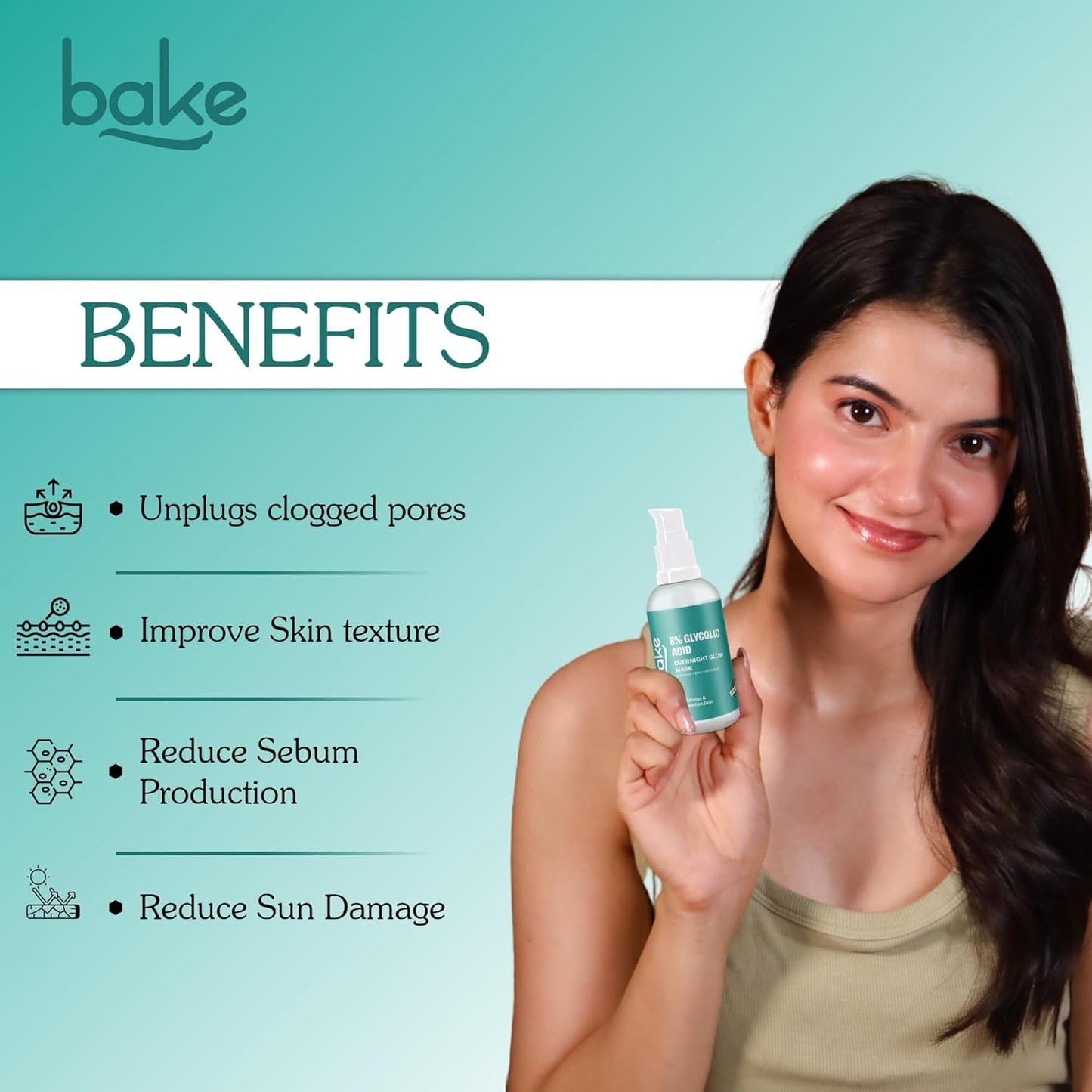 BAKE 8% Glycolic Acid Serum with AHA BHA & Lactic Acid | Improve Uneven Skin Tone, Pigmentation Solution, Unclogs Pores, Reduces Blackheads | Overnight Peeling Serum | For Women & Men | 30ml