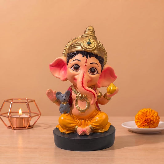 Cute Ganesha Idol with Modak Bal Ganpati Murti Gift Figurine for Car Office Home Decorative Showpiece - 8 cm (Polyresin, Multicolor)