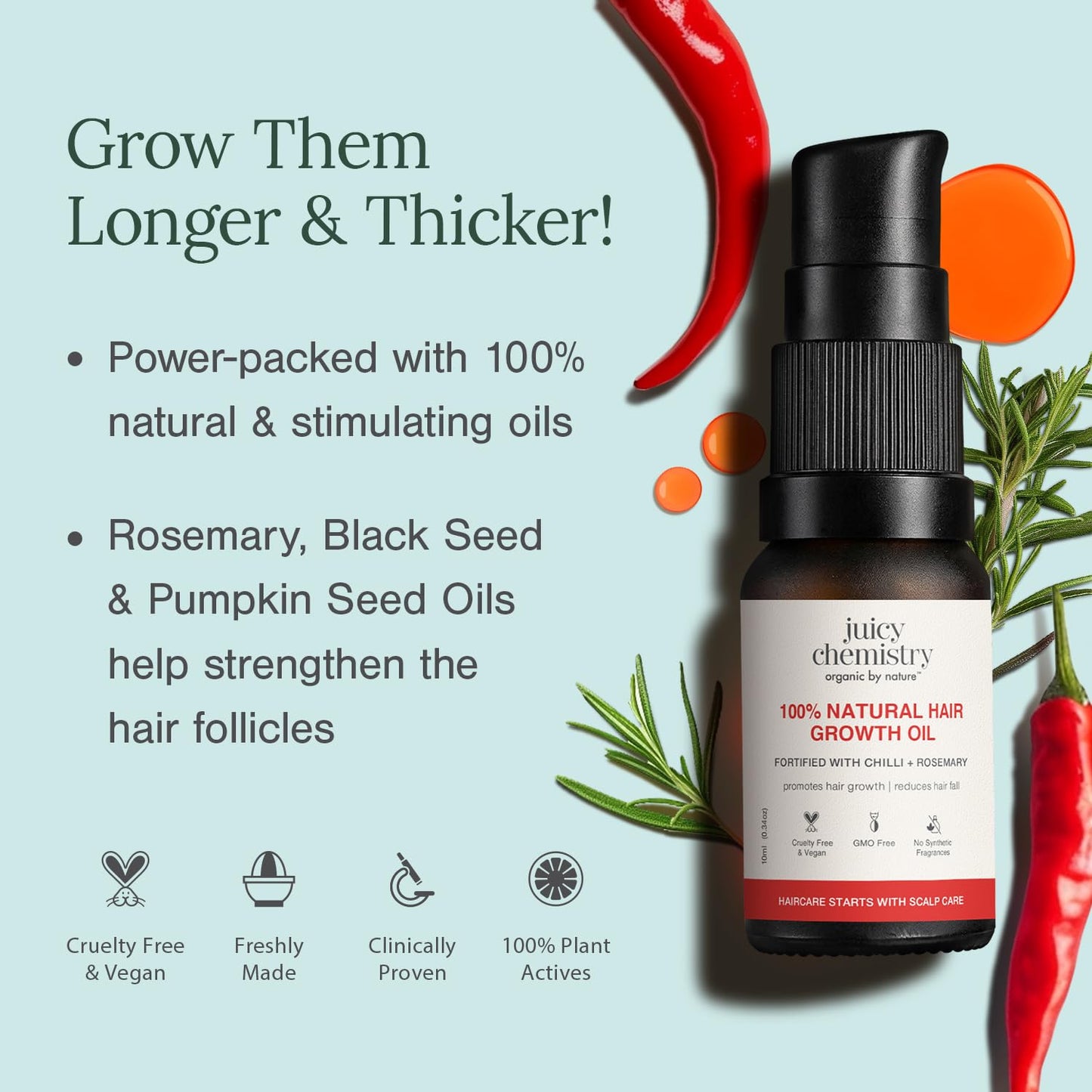 Juicy Chemistry 100% Natural Chilli + Rosemary Hair Growth Oil, 10ml | Promotes Hair Growth | Strengthens & Reduces Hair Fall | Revitalises Scalp & Hair | Improves Hair Texture | Restores Shine | Clinically Proven