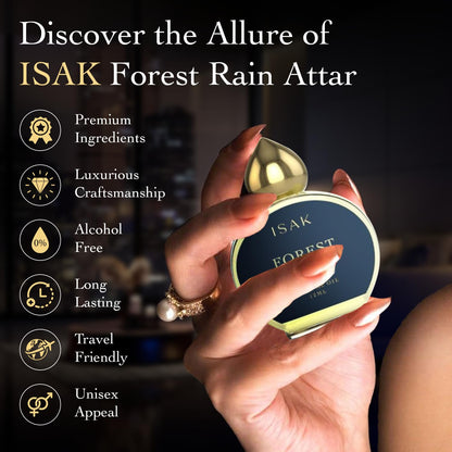 ISAK Forest Rain Attar 12ml | Unisex Alcohol-Free Perfume Oil | Long Lasting 8+ Hours | Petrichor, Amber & Musk Notes | Luxury Roll-On | Travel-Friendly