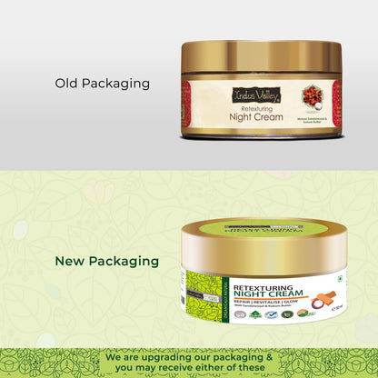 Comparison of old and new packaging for a night cream jar on a light green background.