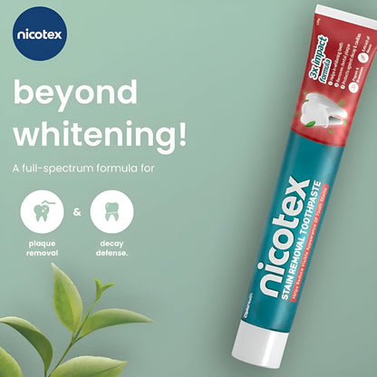 Cipla Nicotex Stain Removal Toothpaste | Teeth Whitening, Plaque Removal, Protection Against Decay And Cavities | Papain, Bromelain, Neem Extract, Meswak Extract | With Fluoride | Sls Free | 100G