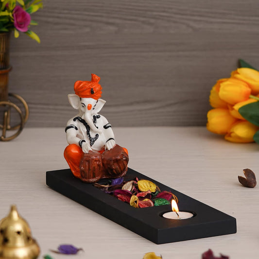 Orange White Resin Lord Ganesha Idol Playing Tabla Showpiece Potpourri Rectangle Tea Light Candle Holder| Ganpati Murti Tea Light Holder Diwali Decoration Items for Home Decor| Diwali Gift