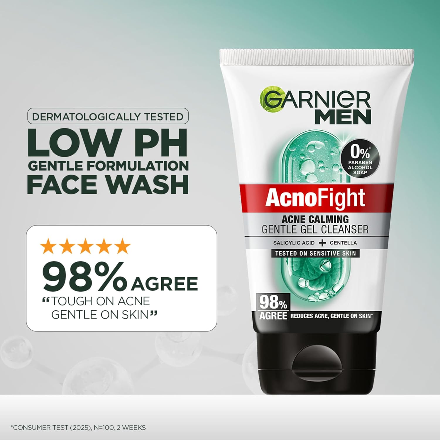 Garnier Men AcnoFight face wash tube with product details on a gray background