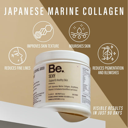 Be. Japanese Marine Collagen Powder for Women & Men | Type I & III Collagen Peptides with Glutathione, Vitamin C, Hyaluronic Acid & Astaxanthin | Mix-Fruit Flavour for Skin, Hair, Nails & Joints | 300 g