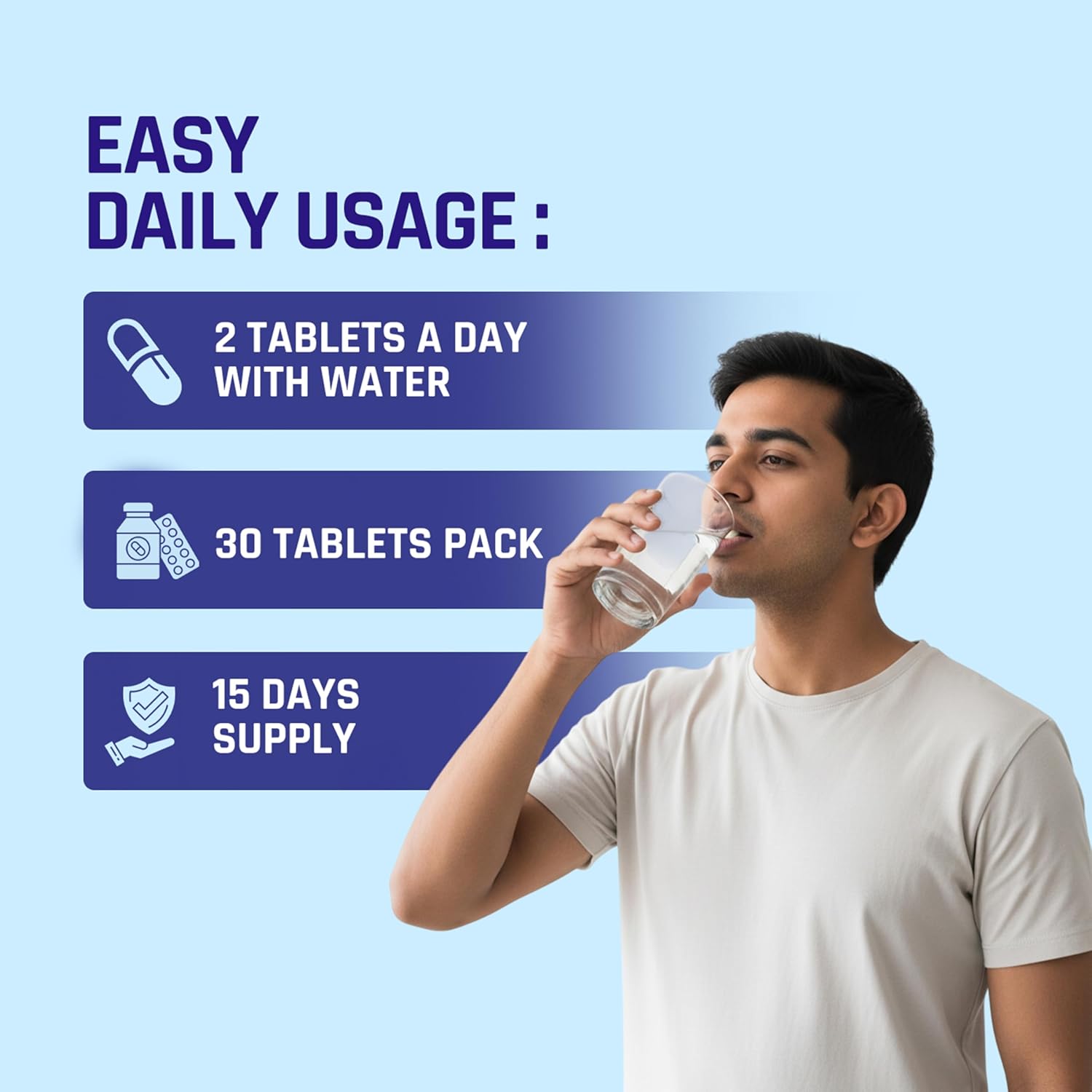 Person drinking water with text about easy daily usage of tablets on a blue background