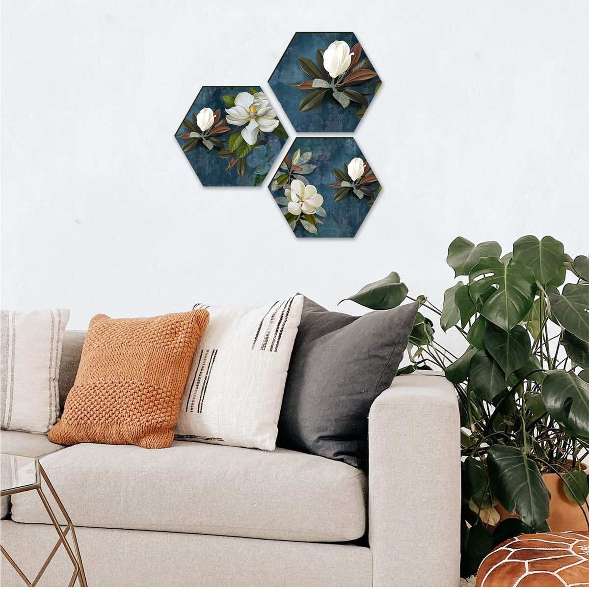Floral Wall Painting For Living Room Hexagonal Set of 3 (E)