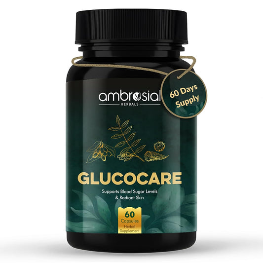 Black supplement bottle labeled 'Glucocare' by ambrosial Herbals on a white background
