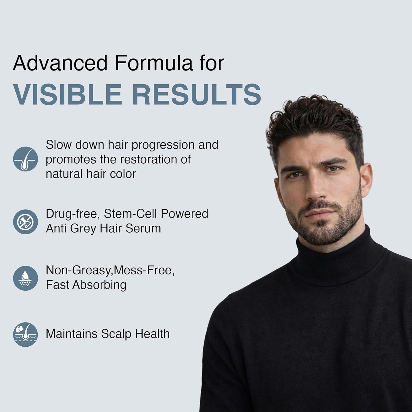 Man with dark hair and beard wearing a black turtleneck against a light gray background with text about an anti-grey hair serum.