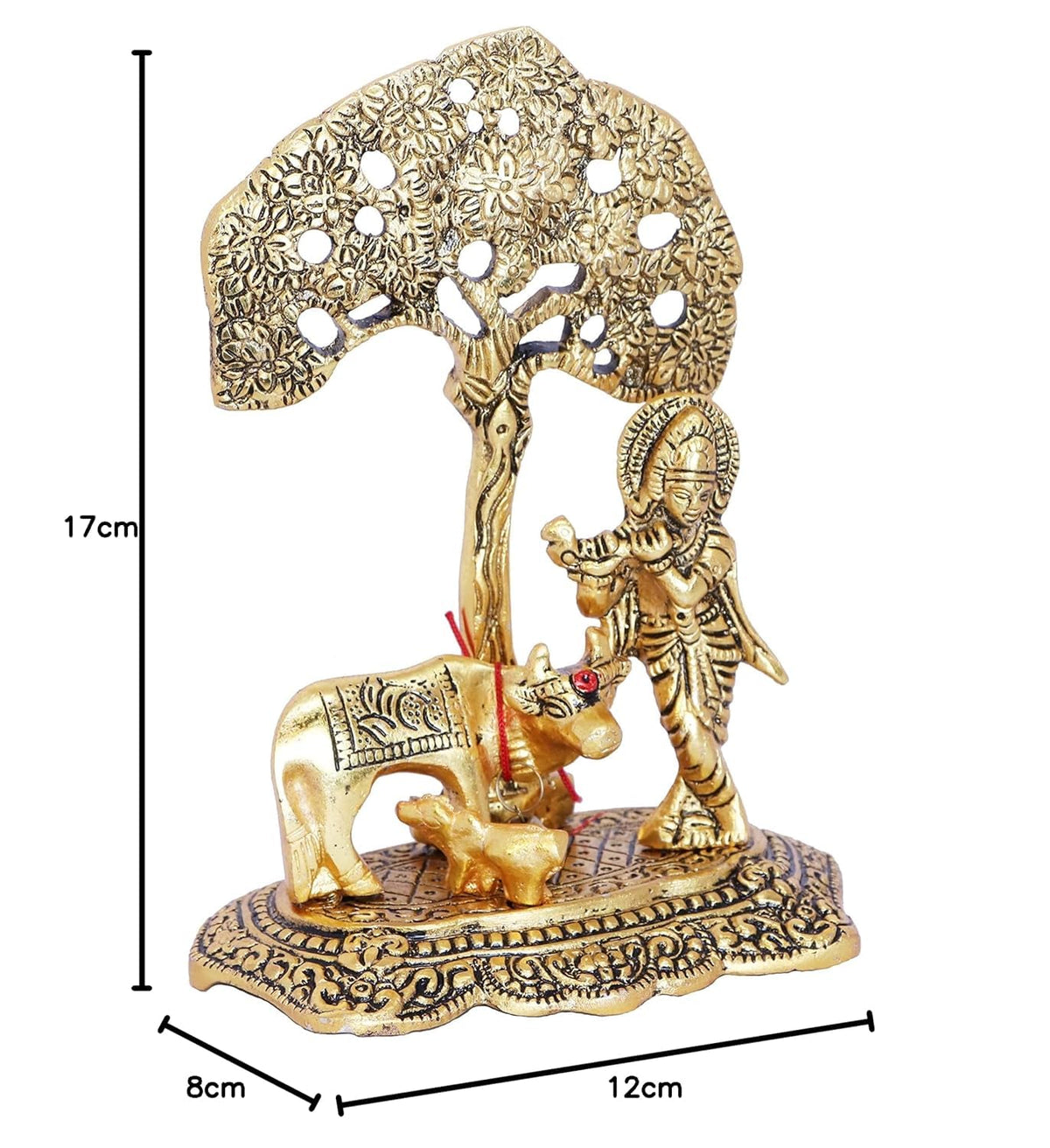 Premium Golden Finish Metal Krishna Playing Flute with Cow Sculpture, Decorative Hindu God Murti for Mandir, Office, Festive Gift and Home Decoration