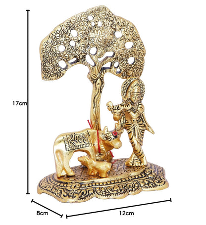 Premium Golden Finish Metal Krishna Playing Flute with Cow Sculpture, Decorative Hindu God Murti for Mandir, Office, Festive Gift and Home Decoration