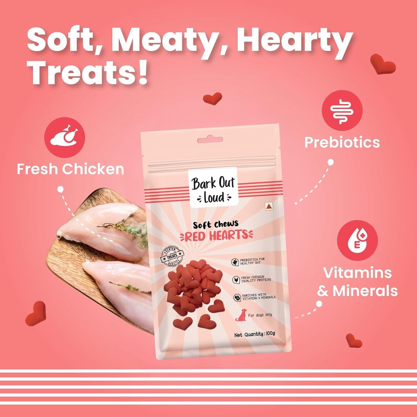 BARK OUT LOUD Red Hearts Soft Chews | Fresh Chicken Dog Treats | No Sugar - Prebiotics, Vitamins, Minerals, Antioxidants for Dogs 100g