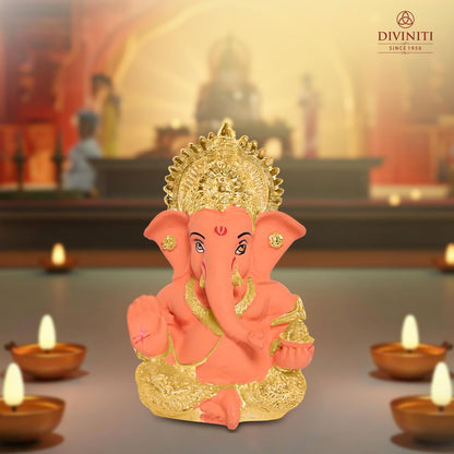 24K Gold Plated Resin Lord Ganesha Idol for Car Dashboard, Tabletop|Ganesh Statue for Good Luck and Success|Ganpati Murti for Home Decor Mandir, Office Desk Puja Gift Orange & Gold(8.4x4.2cm)