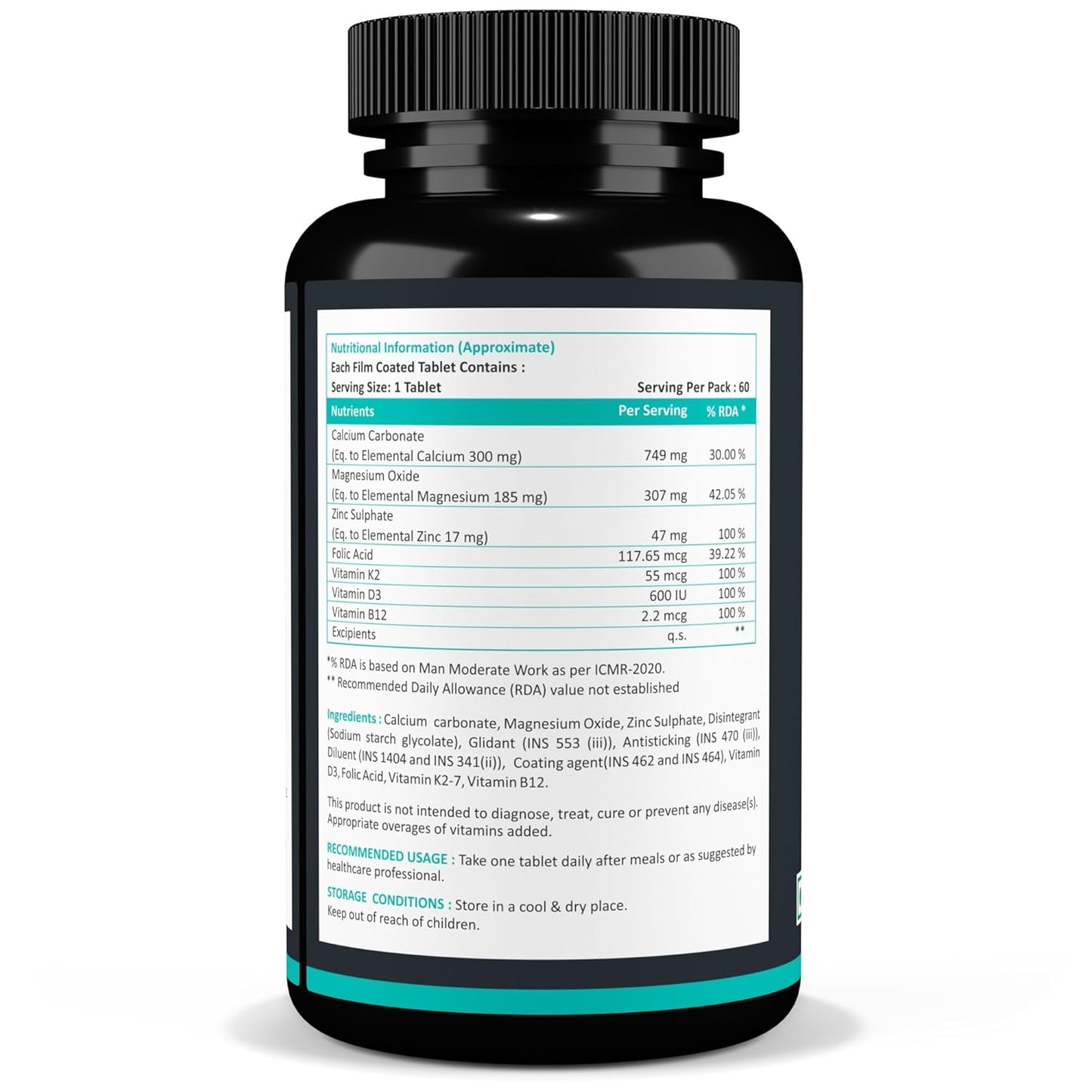 Calcium Magnesium Zinc Vitamin D3 Vitamin B12 & Vitamin K2 – 60 Vegetarian Tablets for Bone Health, Joint Support, and Immunity Support for Women & Men