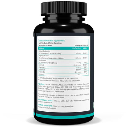 Calcium Magnesium Zinc Vitamin D3 Vitamin B12 & Vitamin K2 – 60 Vegetarian Tablets for Bone Health, Joint Support, and Immunity Support for Women & Men