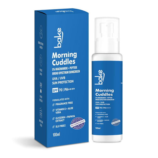 BAKE 100% Mineral Water Resistant Sunscreen SPF 70 PA+++ with 5% Niacinamide, Peptide | Sweat & Water Resistant, UV/A & B, Blue Light Protection | For Oily Acne Prone Skin | For Acne Scars & Dark Spots | Broad Spectrum Sunscreen | No White Cast | 100g