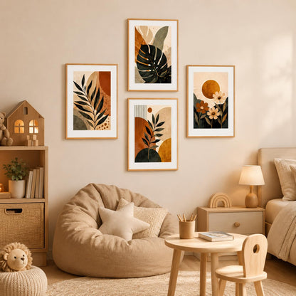 Set of 4 Botanical Leaf & Floral Wall Paintings with Sparkle Laminate and Premium Wooden Synthetic Frame for Living Room Bedroom Office Decor (13.5 x 19.5 Inch)