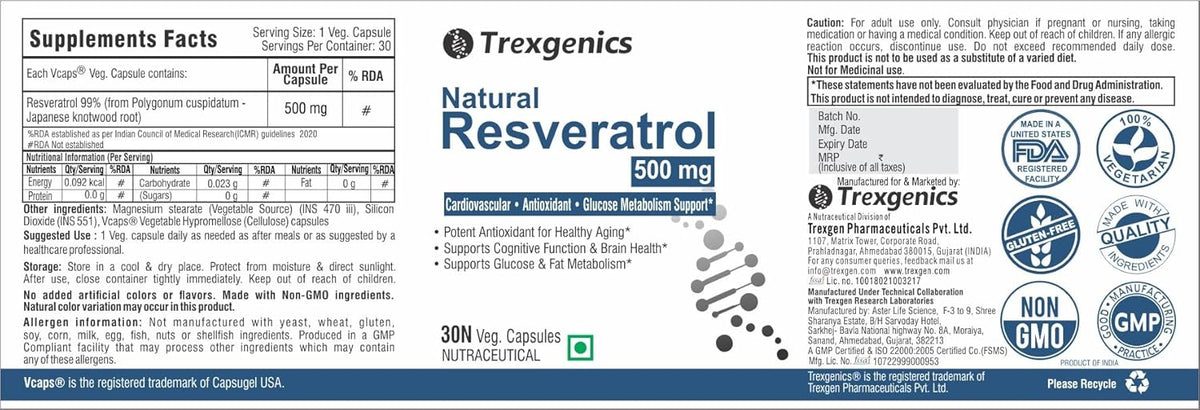 Supplement label for Trexegenics Natural Resveratrol 500 mg with branding and certification logos.