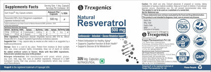 Supplement label for Trexegenics Natural Resveratrol 500 mg with branding and certification logos.