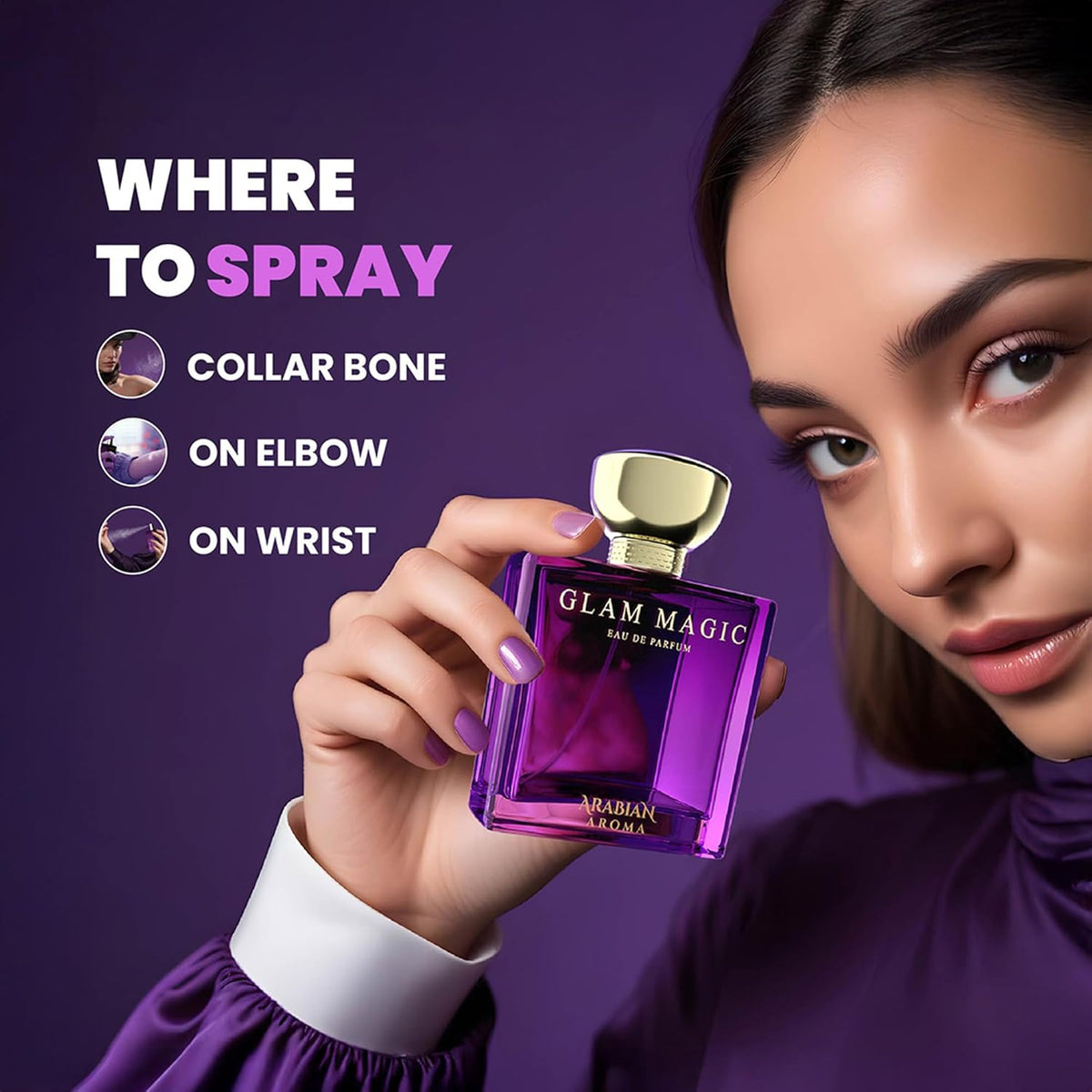 Woman holding a purple perfume bottle with 'Glam Magic' text, against a purple background.
