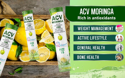 ACV Moringa 500mg Shikanji Flavour 15 Effervescent Tablets For Gut Health | Weight Loss | Reduces Stress | 100% Vegan | 15 Tablets Each (Pack of 1)