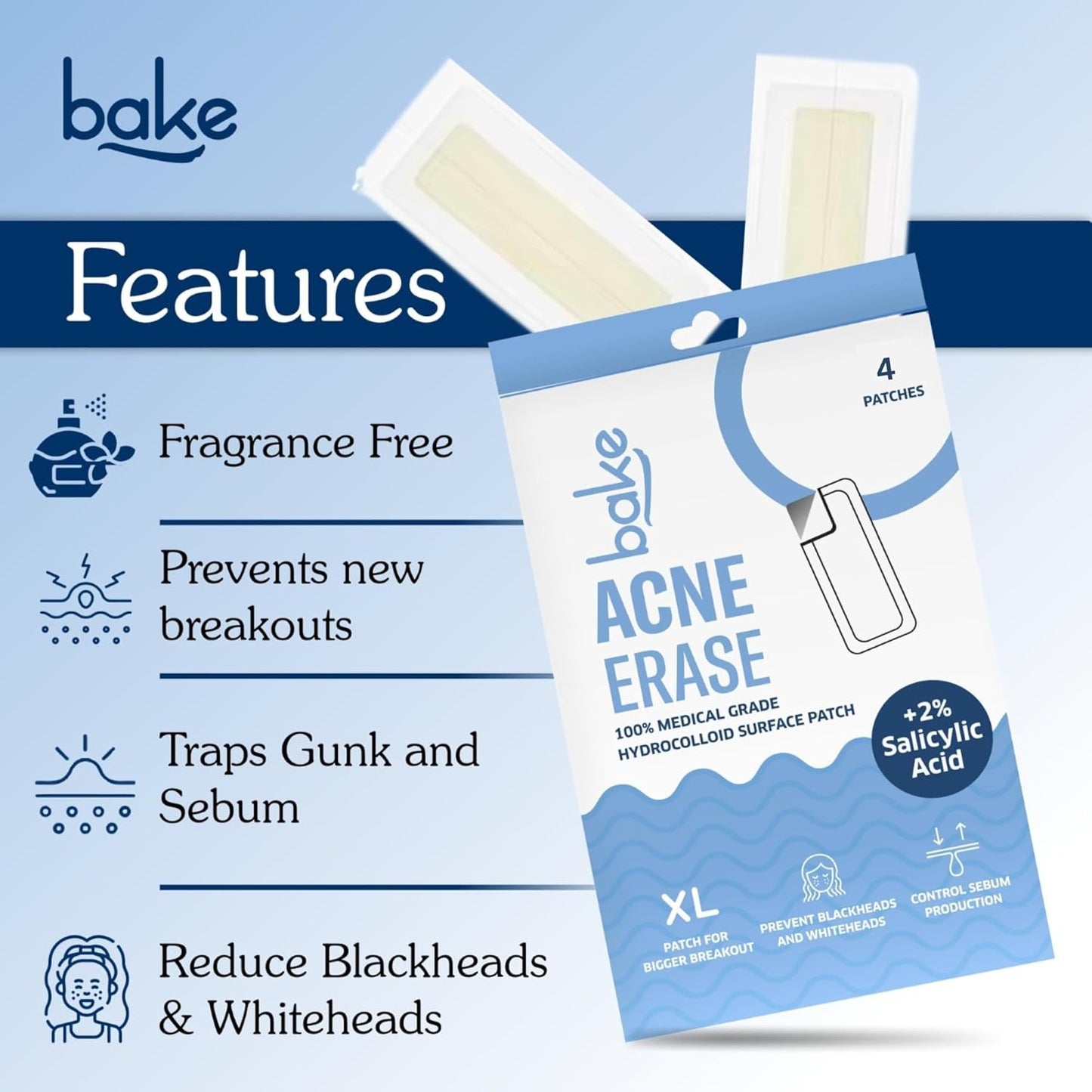 BAKE 2% Salicylic Acid Hydrocolloid Acne Absorbing (4 Patches) Surface Patch XL Pimple Patches for Blackheads Removal | Large Acne Erase Strips | Pore Cleansing & Reduces Whiteheads (4 Strips)