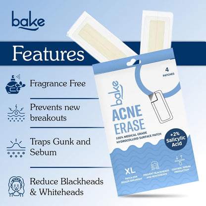 BAKE 2% Salicylic Acid Hydrocolloid Acne Absorbing (4 Patches) Surface Patch XL Pimple Patches for Blackheads Removal | Large Acne Erase Strips | Pore Cleansing & Reduces Whiteheads (4 Strips)